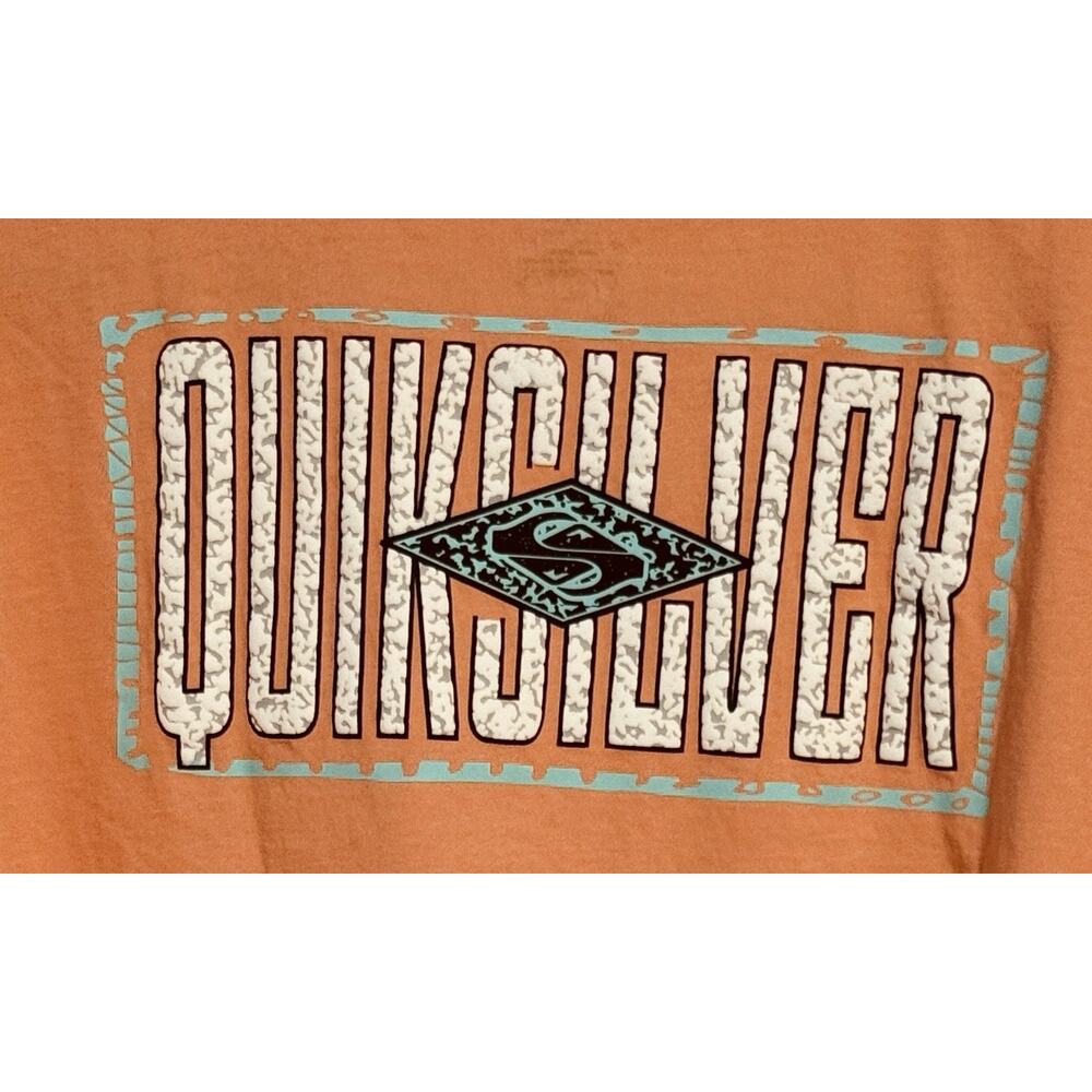 Quiksilver Mens XL Orange Graphic T Shirt Surf Logo Back Print Short Sleeve